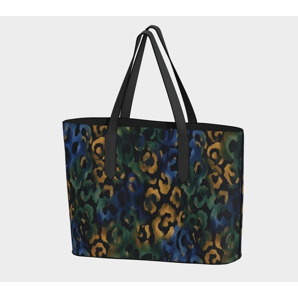 Abstract Watercolor Leopard Vegan Leather Tote Bag, Blue & Gold Laptop Purse